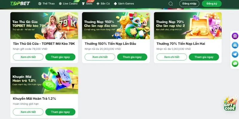 Các khuyến mãi hot dành tặng hội viên tại Topbet